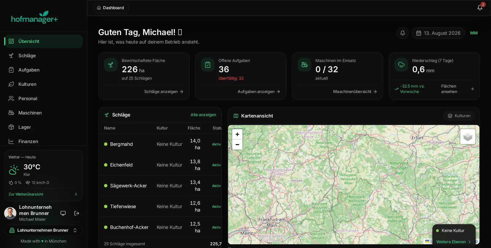 hofmanager+ Übersicht in der Desktop-Ansicht mit geöffneter Seitenleiste